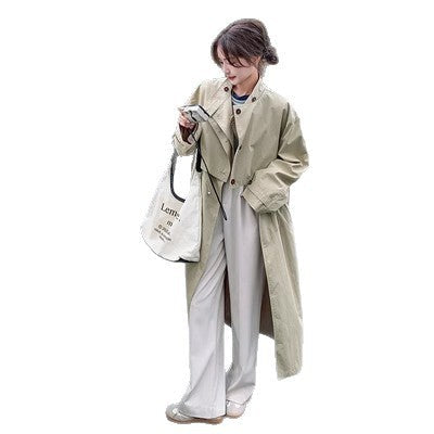 Damen Langer Trenchcoat Beige Leichter Übergangsmantel