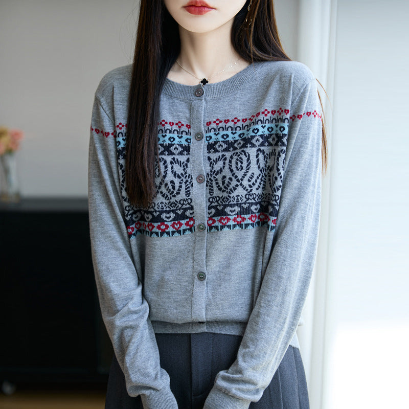 Damen Strickjacke mit Rundhals und Jacquard-Muster
