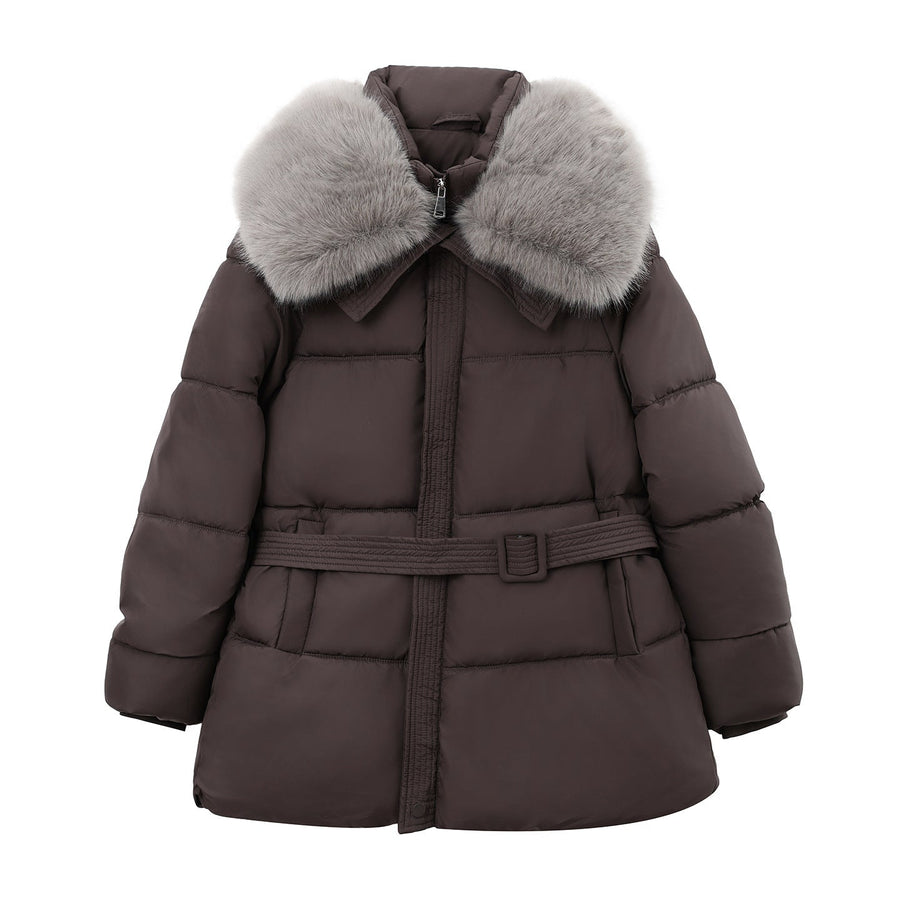 Damen Steppjacke mit Taillengürtel und Kunstfellkragen