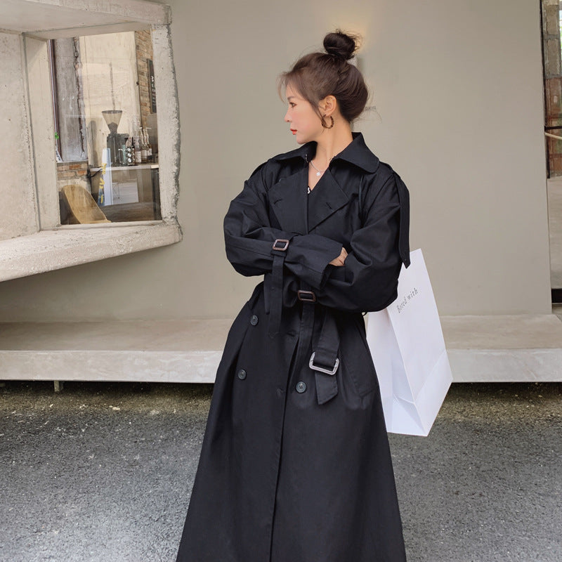 Damen Trenchcoat Lang Schwarz mit Bindegürtel und Reverskragen