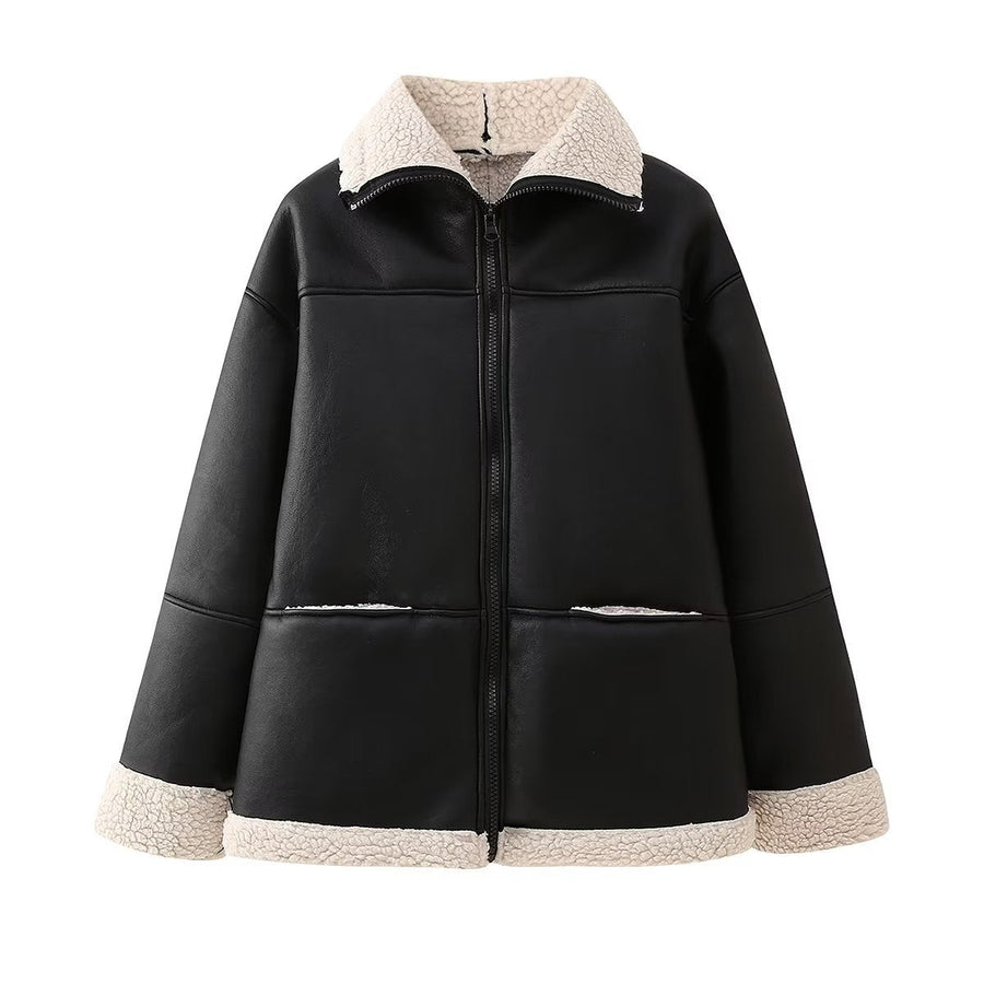 Kurze Damen Pilotenjacke Schwarz mit Teddyfutter Reißverschluss