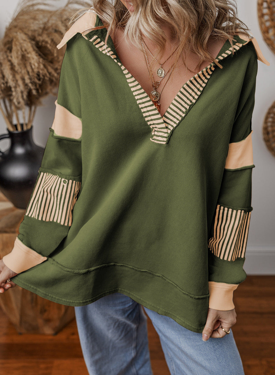 Dames oversized hoodie met capuchon, contrasterende strepen, V-hals en lange mouwen