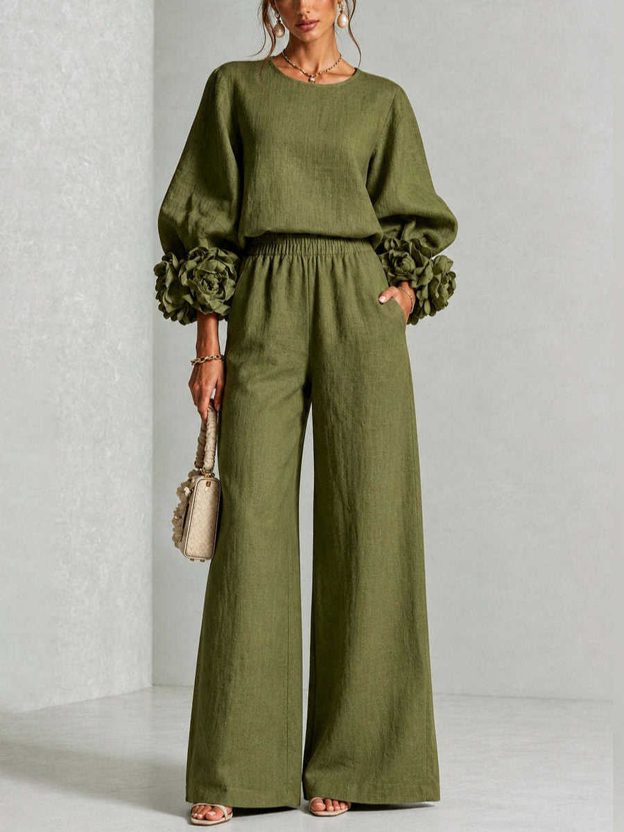 Damespak uit 2 delen, top met bloemenmouwen en wijde broek, linnenlook