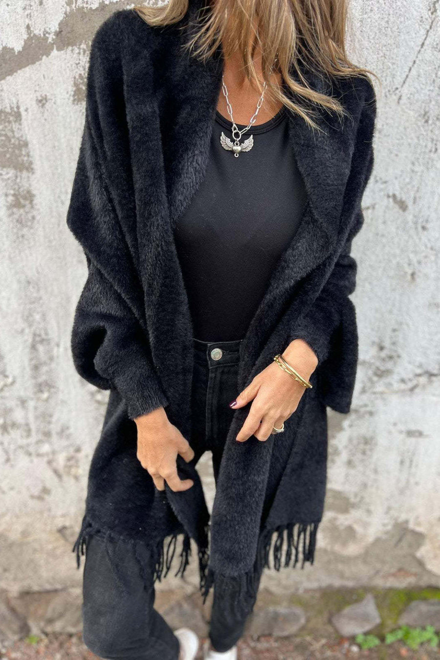 Cardigan Damen Fransen Strickjacke Flauschig Offen