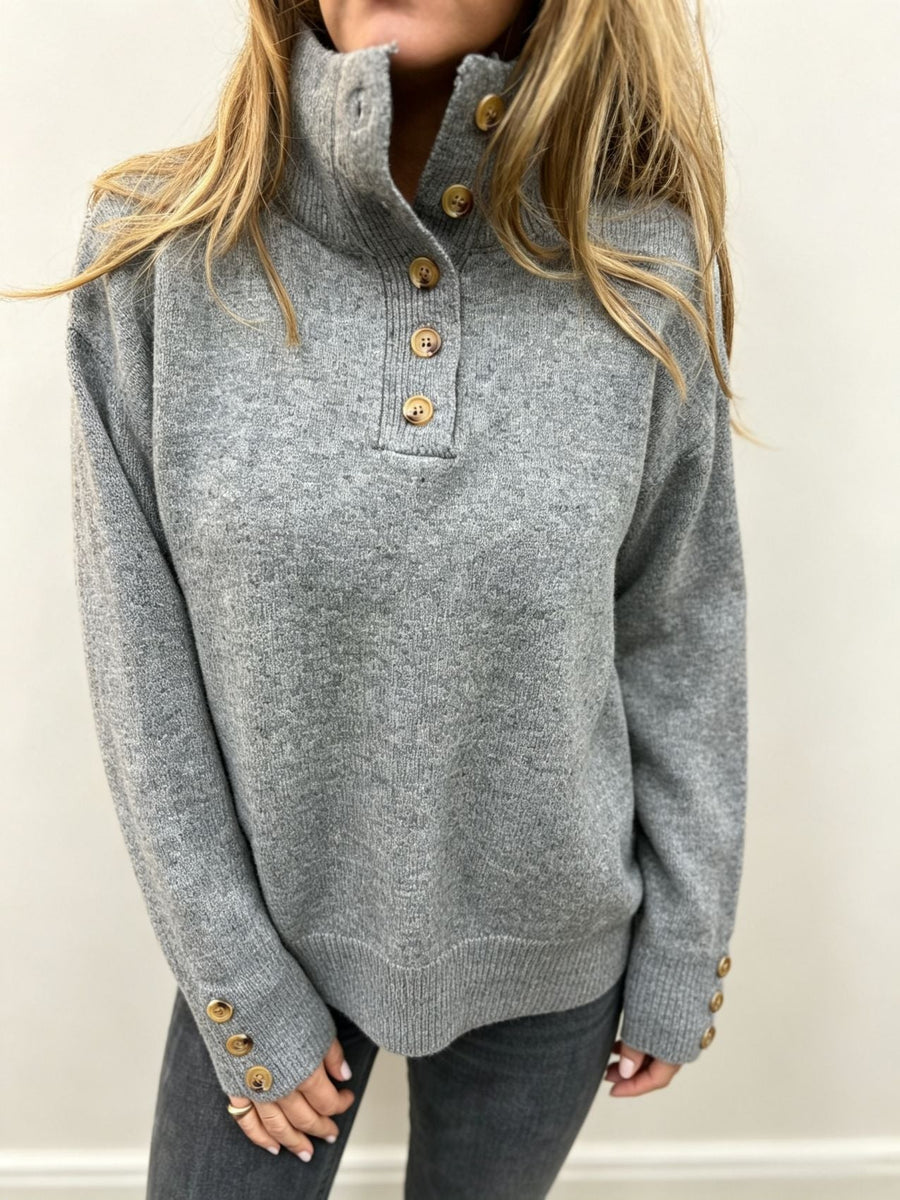 Damen Stehkragen Pullover mit Knopfleiste und Knopfdetails an den Ärmeln