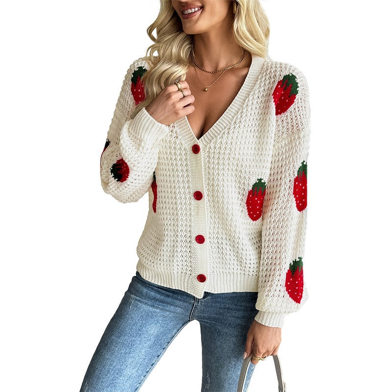 Damen Cardigan V-Ausschnitt Strickjacke mit Erdbeermotiven und Knopfleiste in Creme-Weiß