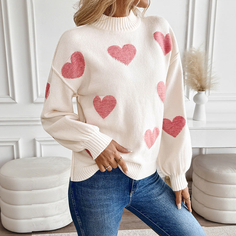 Damen Strickpullover Herzmuster Cremefarben