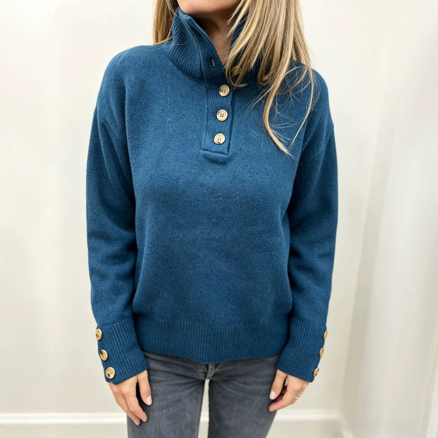 Damen Stehkragen Pullover mit Knopfleiste und Knopfdetails an den Ärmeln