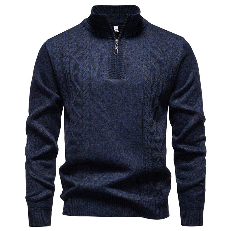 Herren Strickpullover mit Zopfmuster, Stehkragen und Reißverschluss, Melange-Optik