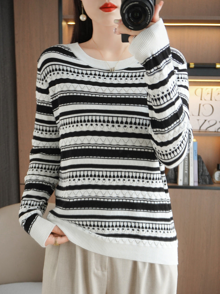 Damen Pullover Schwarz-Weiß gestreift Strickware Lochmuster