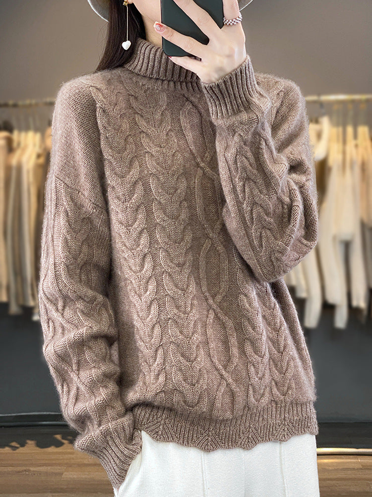 Damen Grobstrick Pullover Zopfmuster Rundhals Beigefarben
