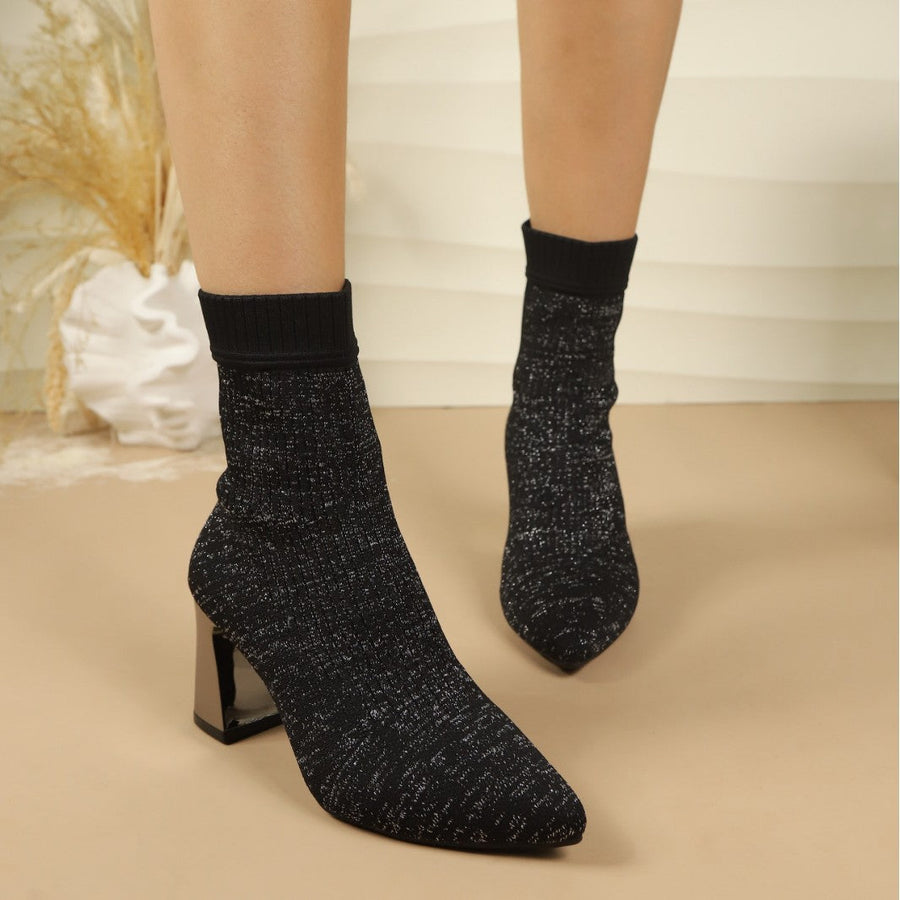 Damen Stricke Stiefelette mit Blockabsatz und spitzer Zehenpartie
