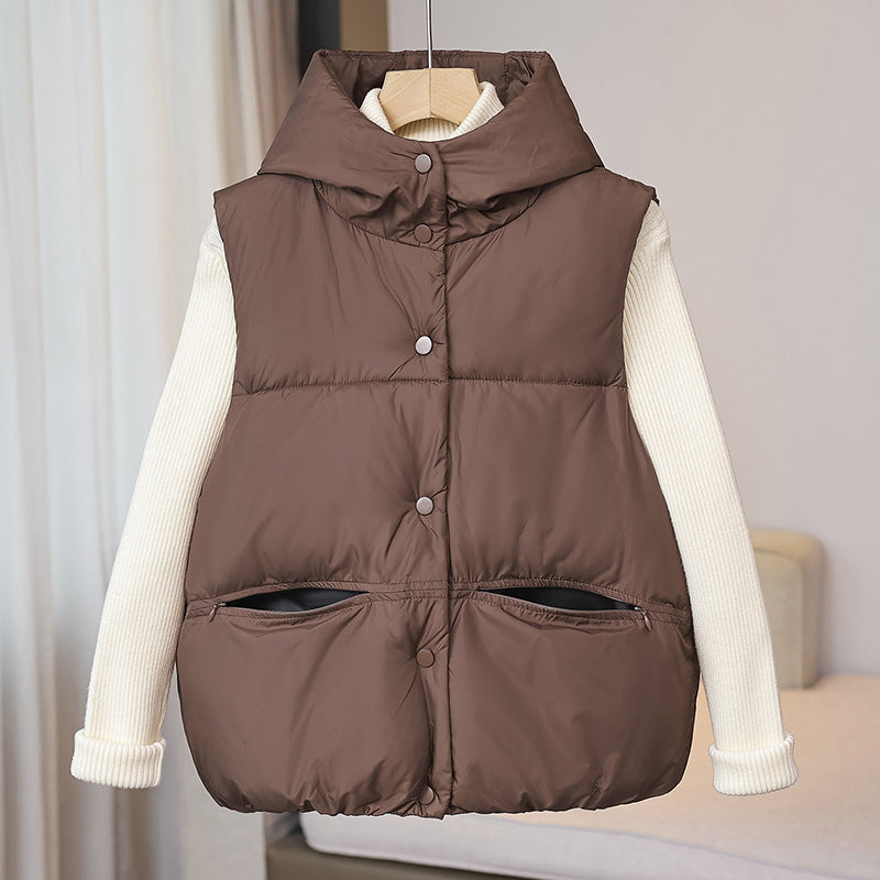 Korte zwarte damesdonsbodywarmer met capuchon, gewatteerd