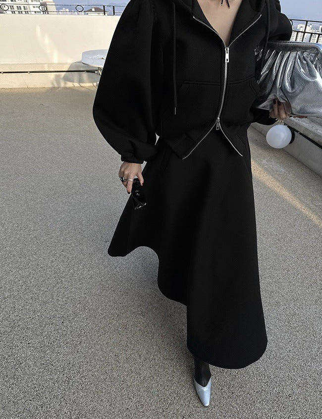 Damen Hoodie-Jacke mit Puffärmeln & A-Linien-Midirock Set