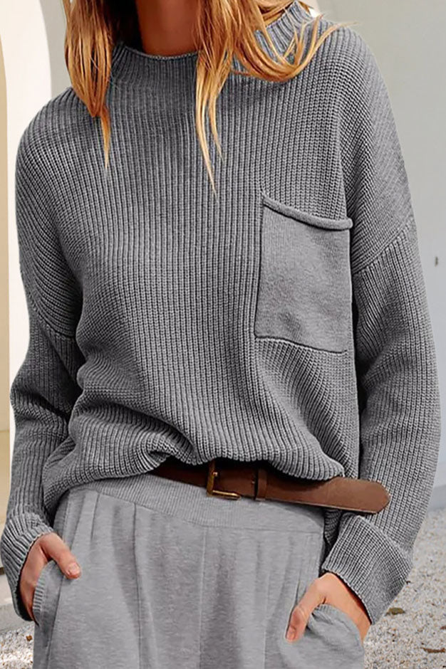 Gerippter Damen Mock-Neck Pullover mit Brusttasche