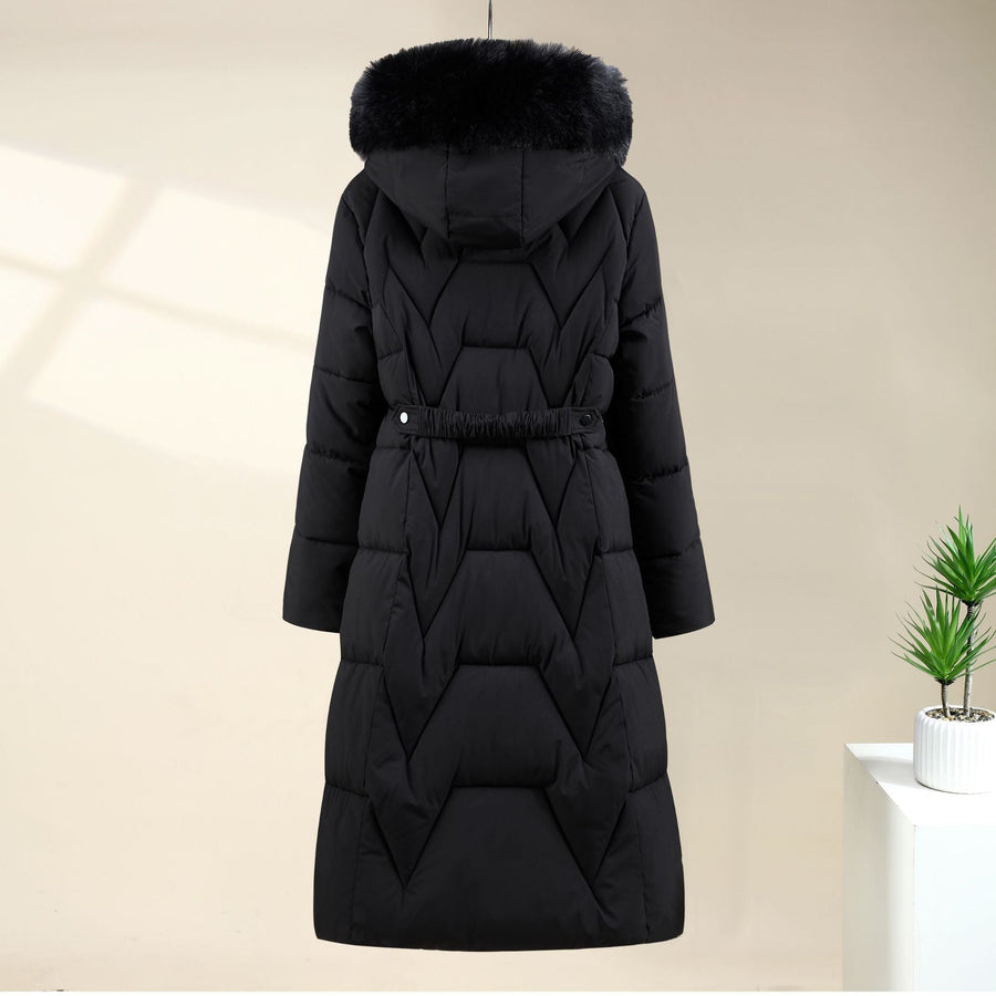 Lange winterjas voor dames met capuchon en afwerking van imitatiebont, zwart, gewatteerd ontwerp