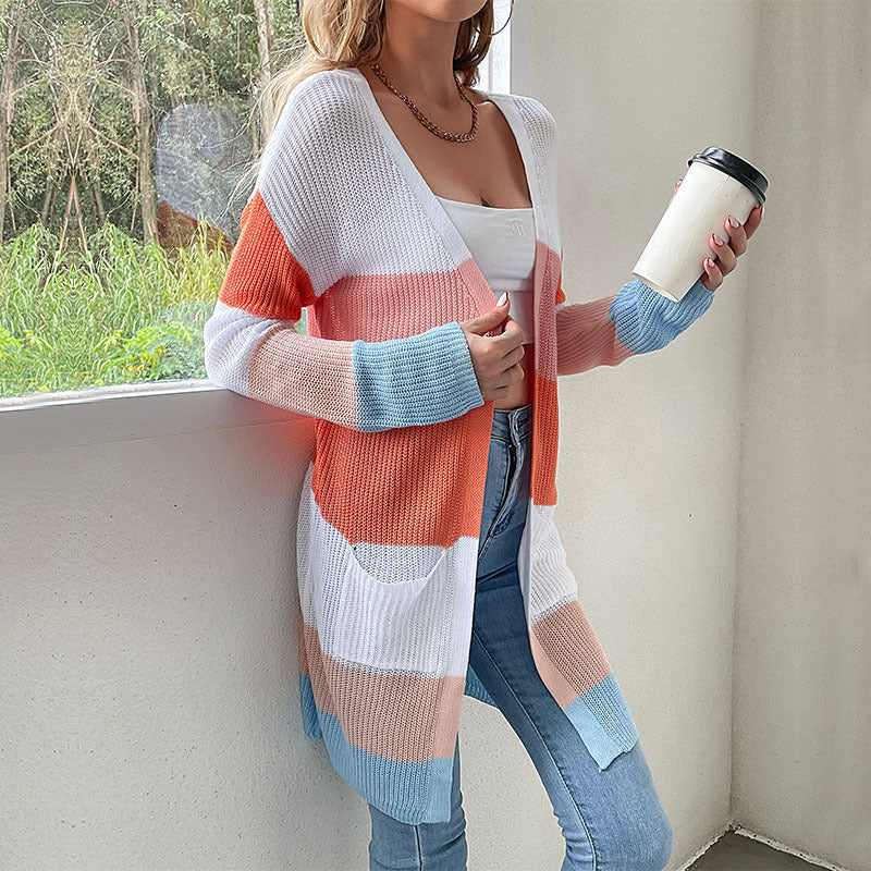 Lange damesgebreide cardigan met colorblockdesign, open voorkant