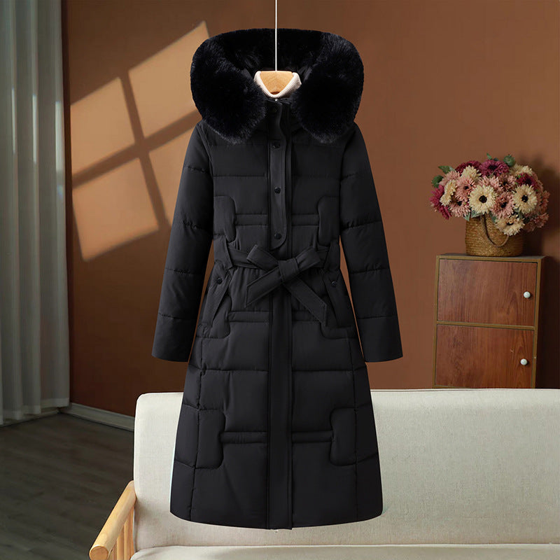 Damen Winter Steppmantel Lang mit Kunstpelz Kapuze & Gürtel
