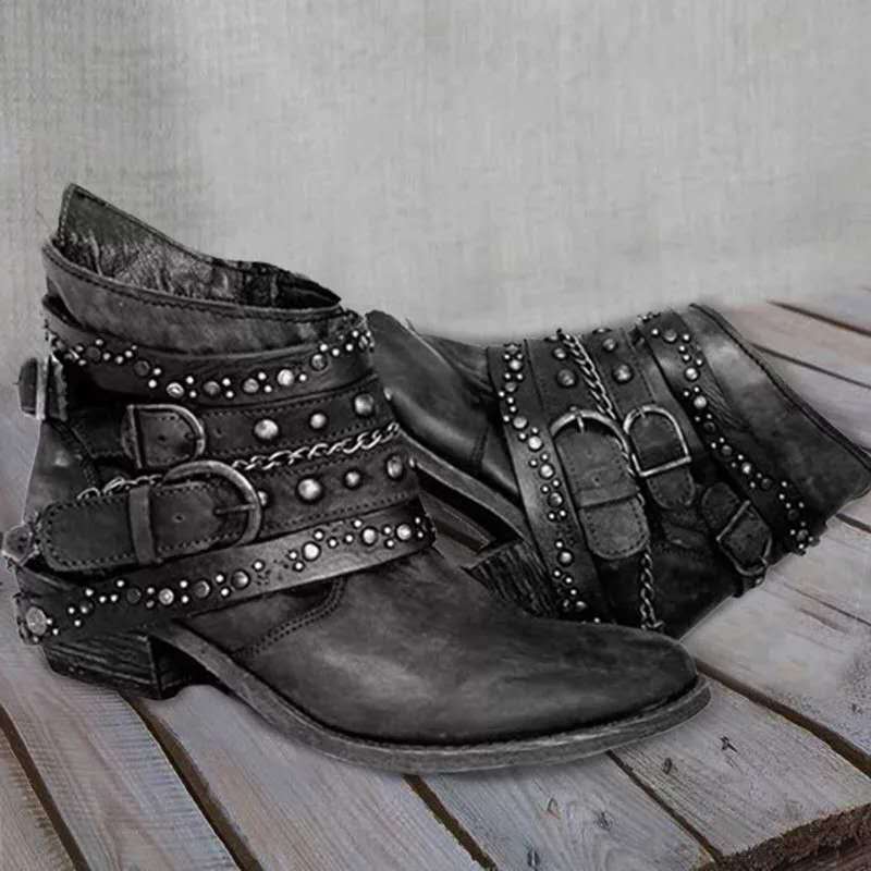 Biker-enkellaarsjes voor dames met studs, bruin, gespen, kettingen, westernlaarzen