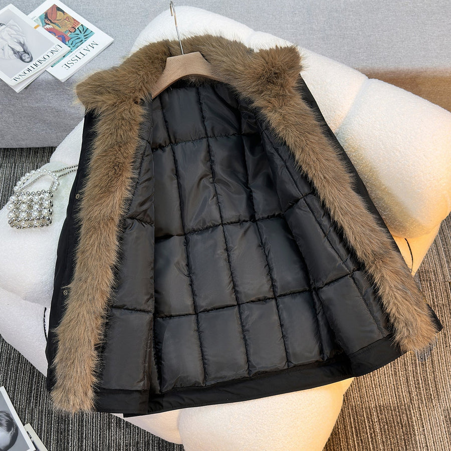 Winterjacke mit Kunstfellkragen und Futter Reißverschluss Tasche
