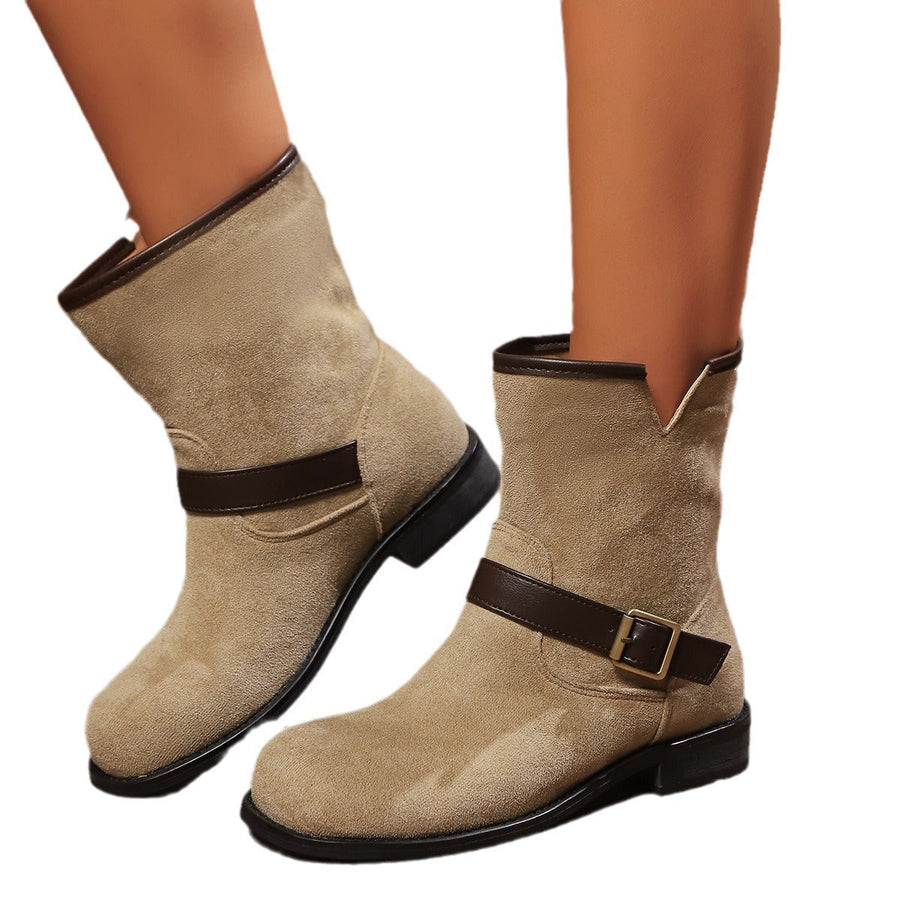 Damen Stiefeletten im Western-Stil mit Schnallenriemen, Kurzschaft, bequemer Blockabsatz