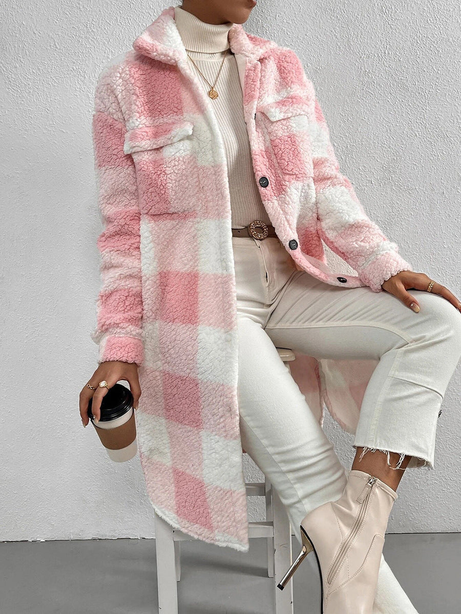 Langer Karo Shacket Teddy Mantel mit Knopfleiste & Kragen für Damen