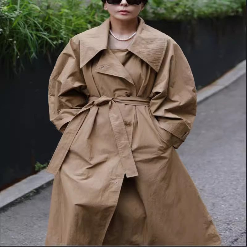 Damen Langer Trenchcoat mit Gürtel und weitem Kragen Khaki