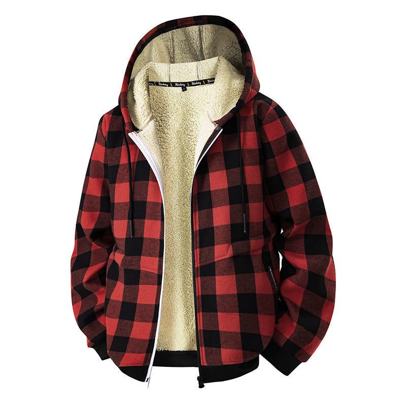 Herren Karierte Hoodie-Jacke mit Fleecefutter, Reißverschluss & Kapuze
