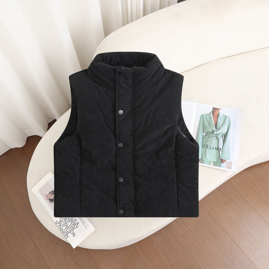 Gewatteerde damesbodywarmer met opstaande kraag, corduroylook