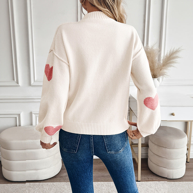 Damen Strickpullover Herzmuster Cremefarben