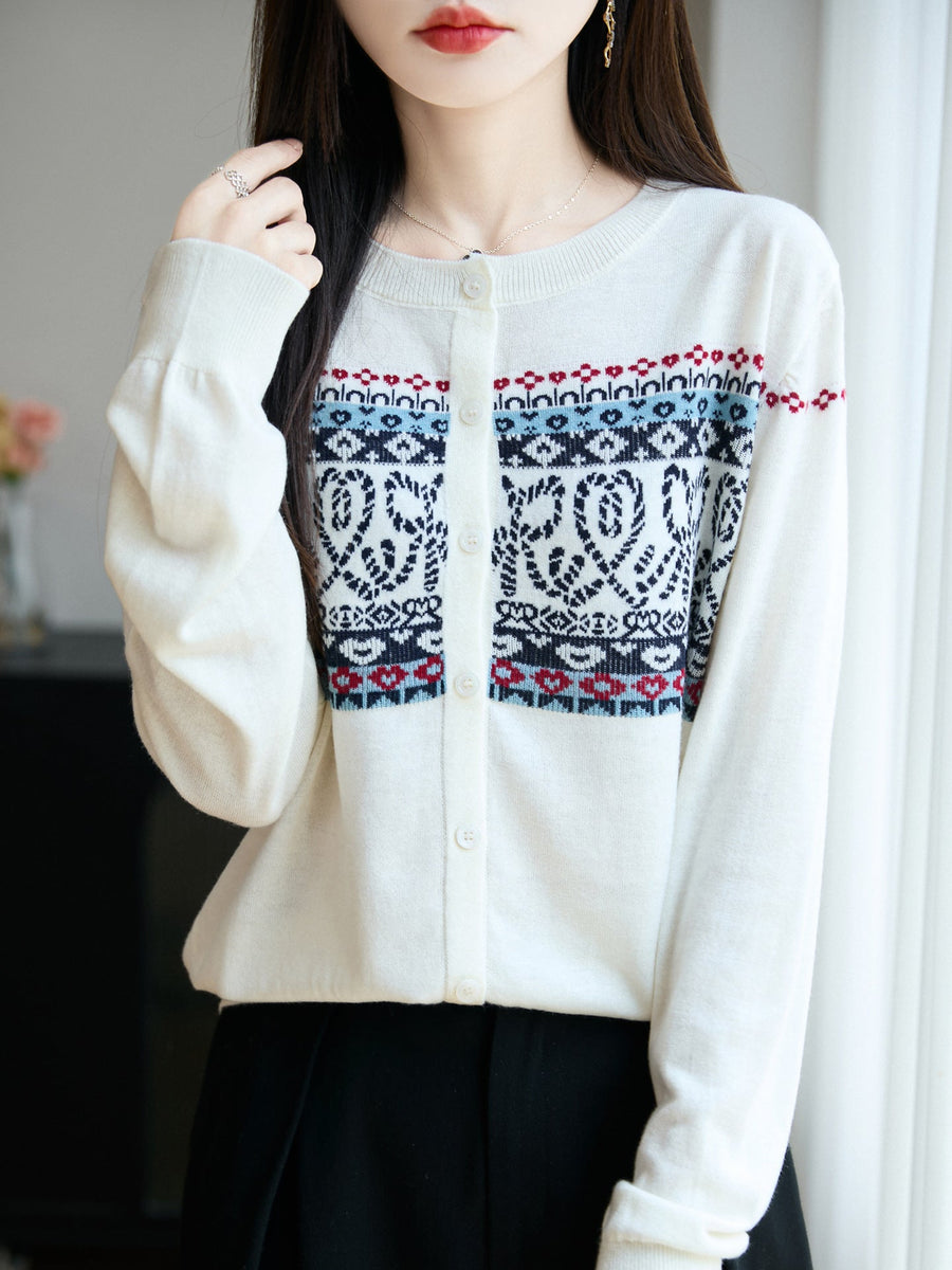 Damen Strickjacke mit Rundhals und Jacquard-Muster