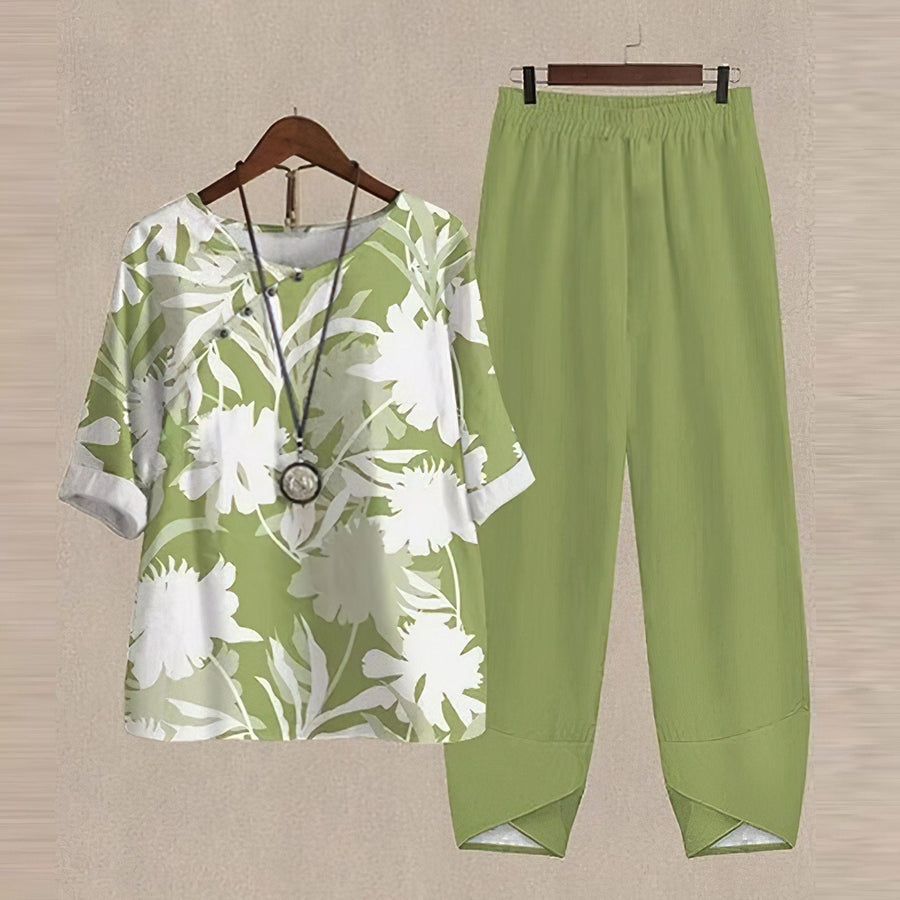 Damen 2-teiliges Set Bluse mit Print & weite Hosen