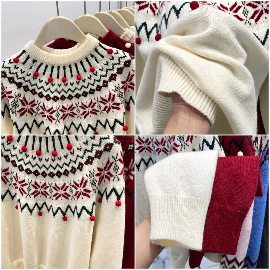 Dames gebreide pullover met Scandinavisch patroon, col en pompons, crème-wit
