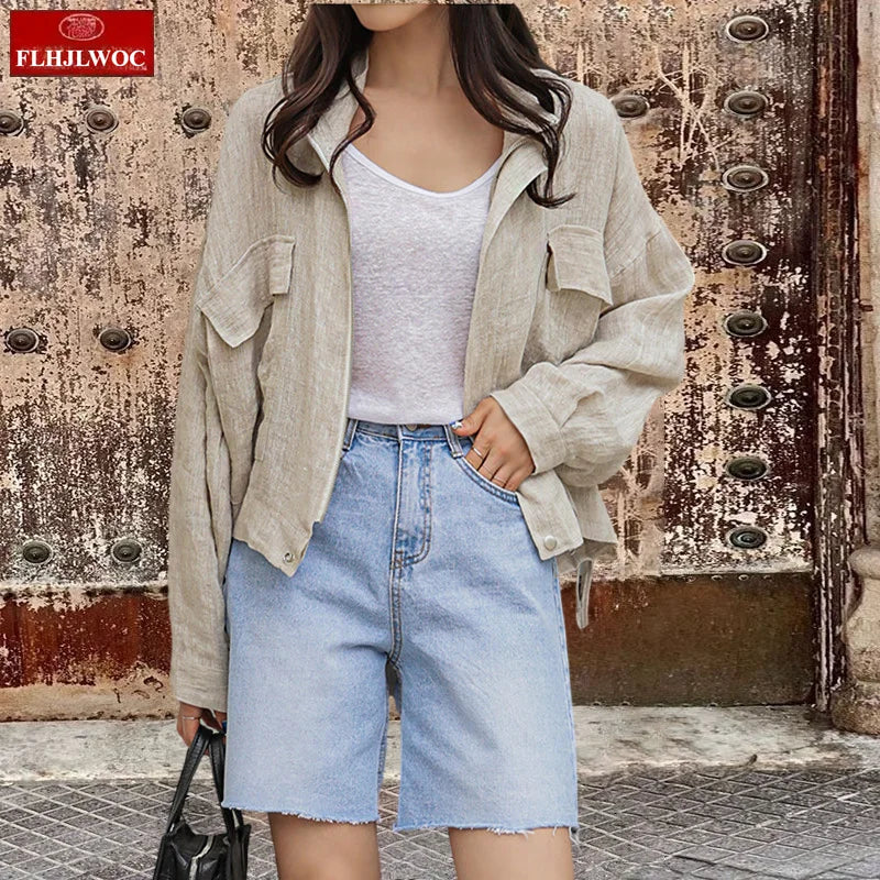 Damen Leichte Jacke Beige mit Reißverschluss & Brusttaschen Stehkragen Kurz Blouson