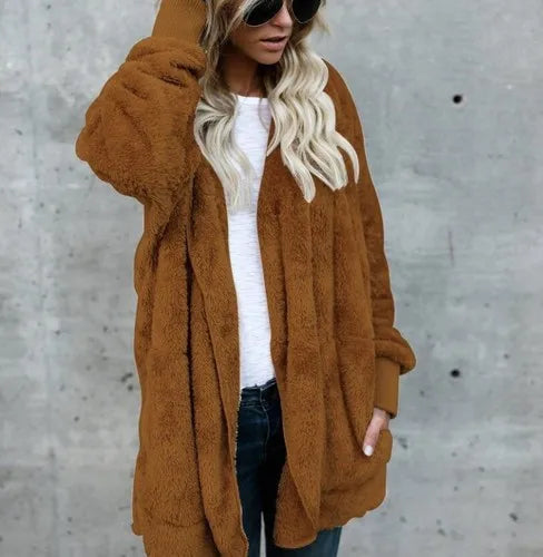 Damen Flauschige Strickjacke mit Kapuze und langen Ärmeln - Beigebraun