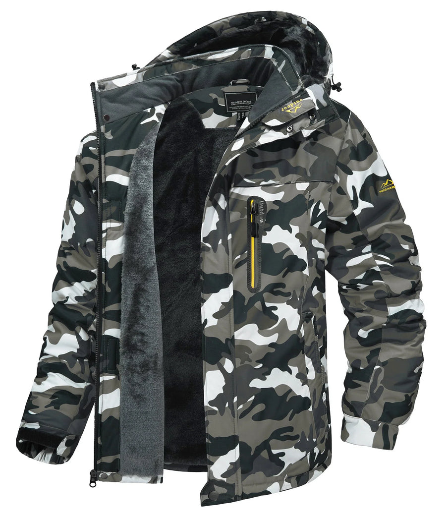Herren Winterjacke mit Kapuze und Plüschfutter - Warme Outdoor-Jacke in Camouflage-Muster