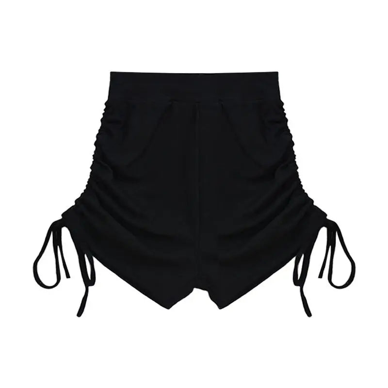 Damen Gerippte Shorts mit seitlichen Raffungen und Kordelzug Schwarz