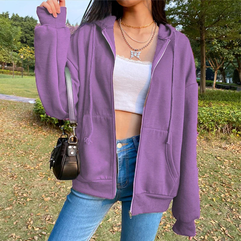 Damen Hoodie Jacke mit Reißverschluss Kapuze und Kängurutaschen, Oversize Schnitt