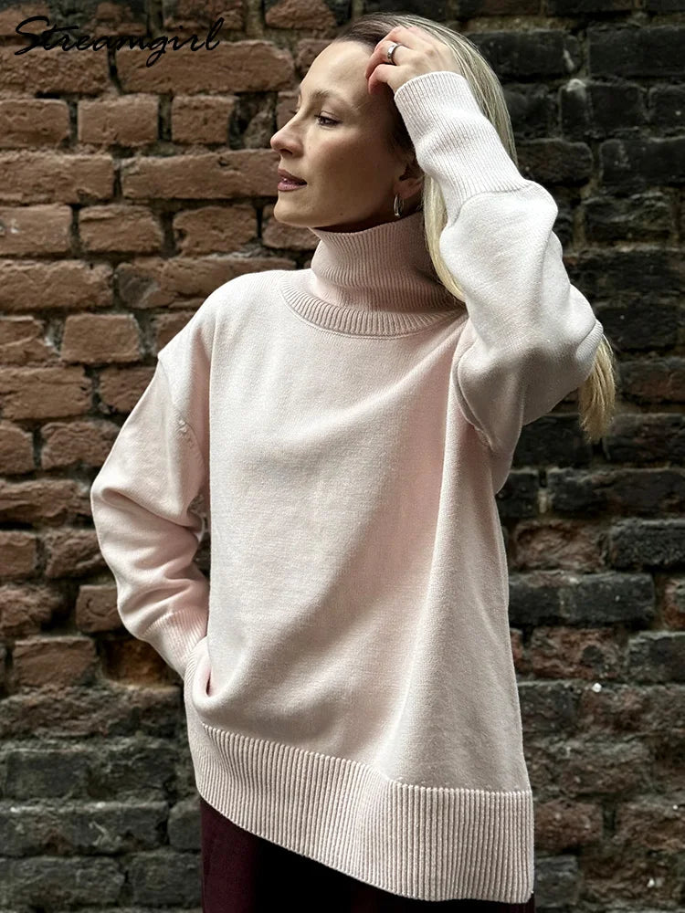 Dames oversized coltrui van grof breisel met geribde boorden