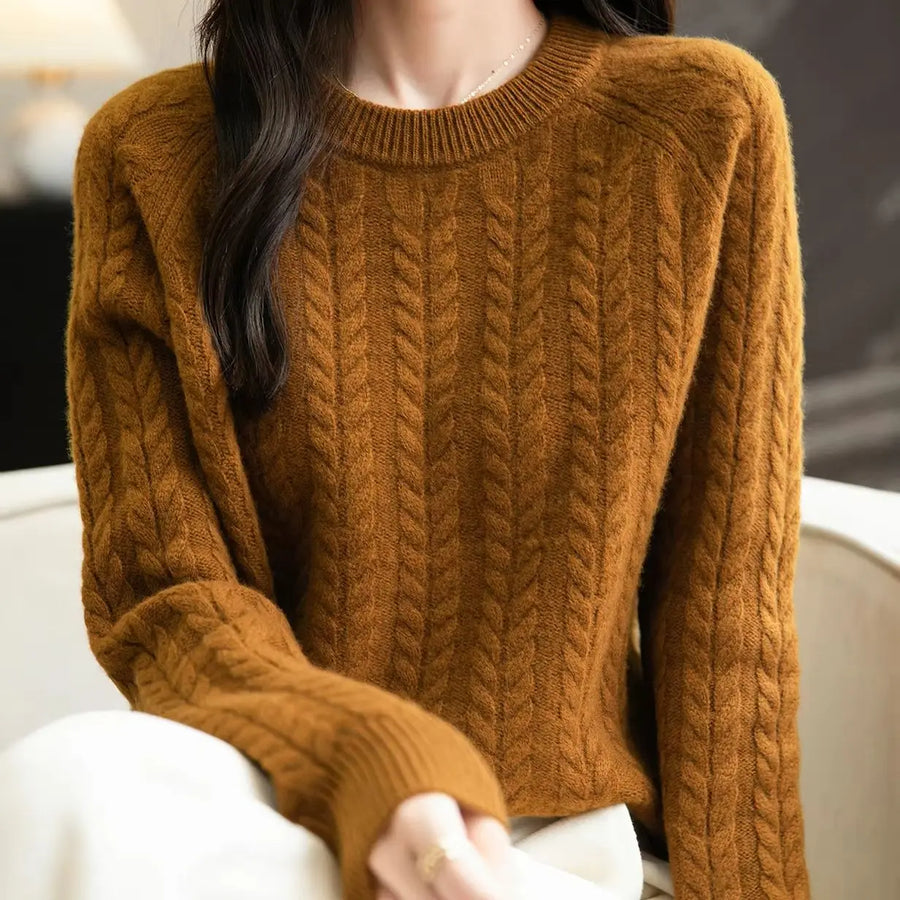 Damen Pullover Zopfmuster Rundhals Langarm Strickpullover
