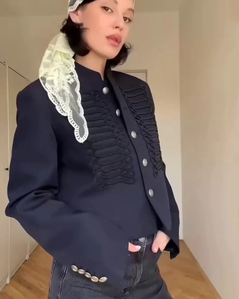 Kurze Militärjacke Damen Dunkelblau mit Stehkragen und Zierknöpfen