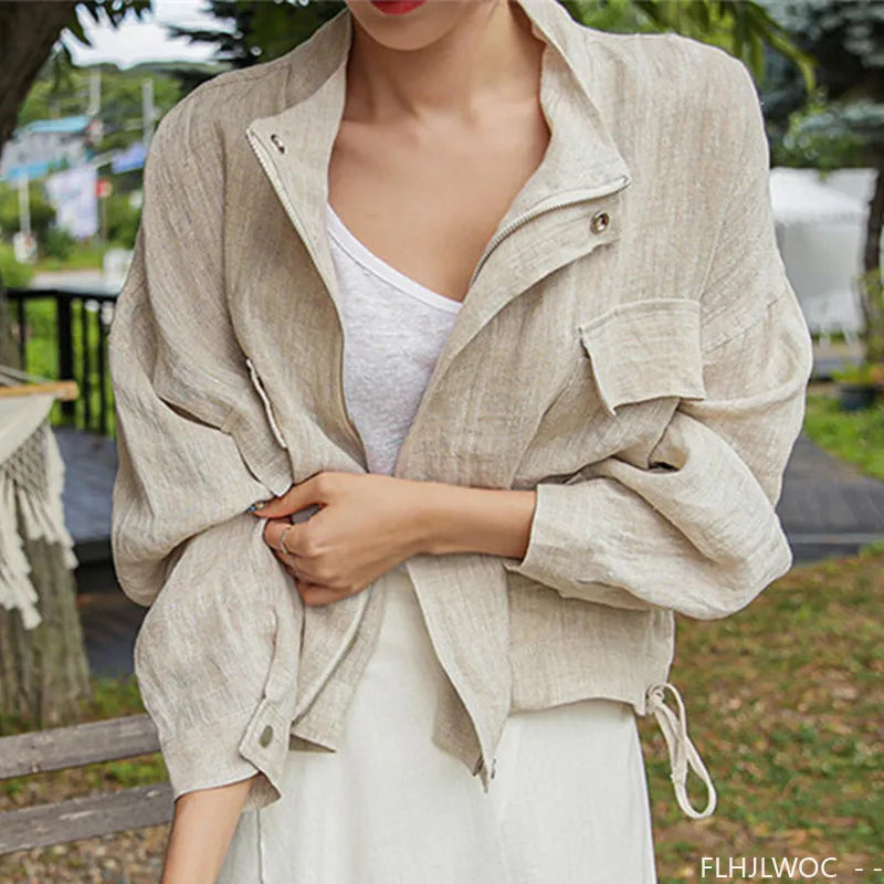 Damen Leichte Jacke Beige mit Reißverschluss & Brusttaschen Stehkragen Kurz Blouson