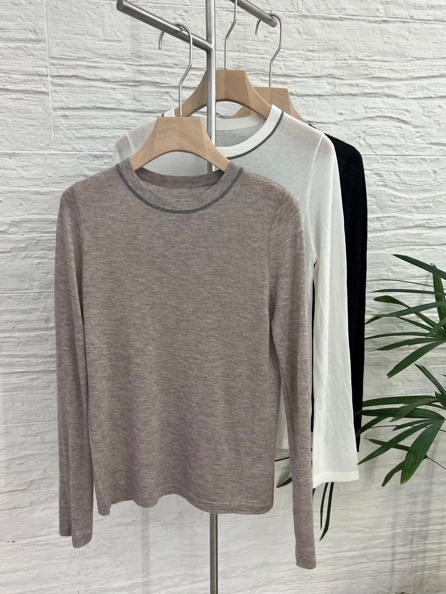 Dames shirt met lange mouwen en ronde hals, grijs, zwart en wit, met contrasterende naden