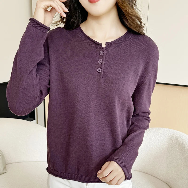 Damen Henley-Pullover Langarm mit Knopfleiste
