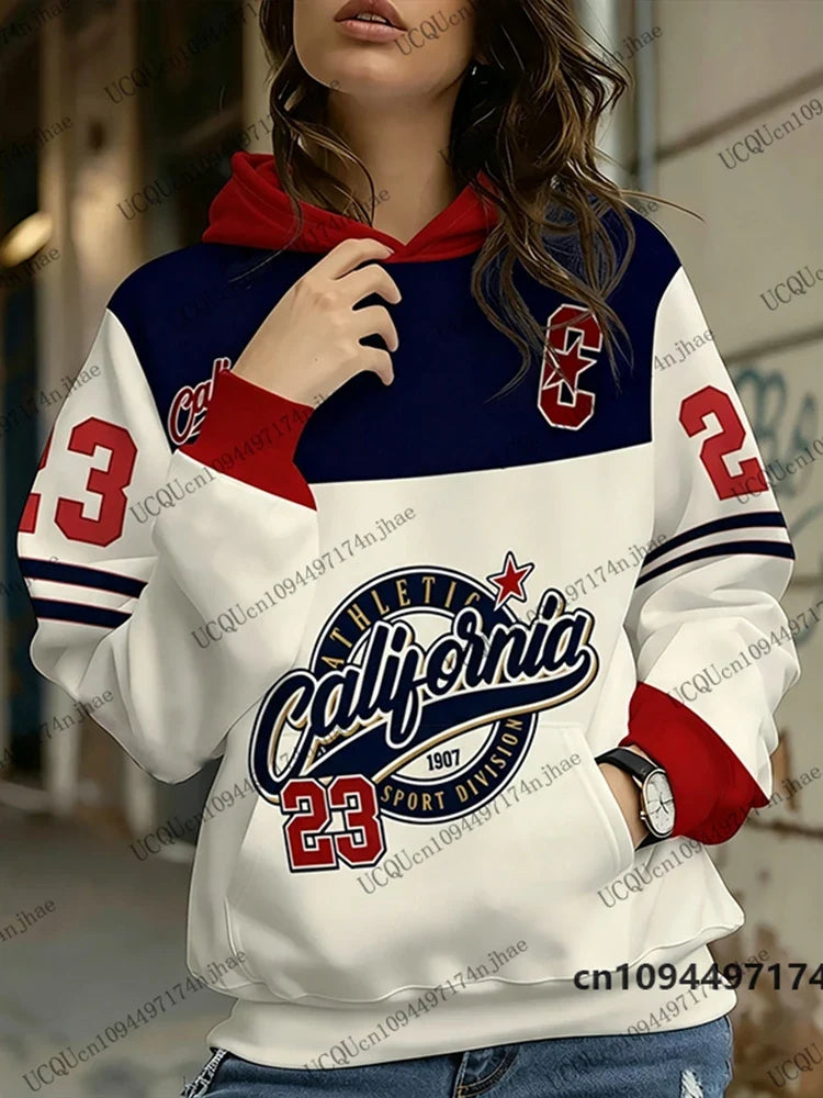 Dameshoodie met "California Athletic"-print en cijfers, lange mouwen, capuchon