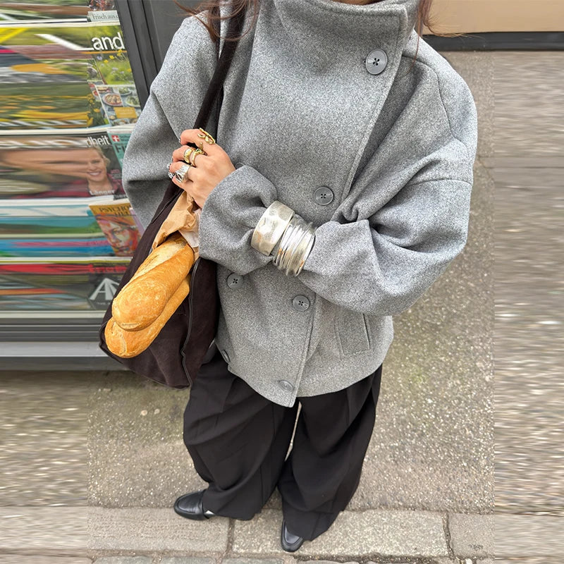 Kurze Damenjacke mit Stehkragen, Zweireiher, Grau oder Schwarz, Lockere Passform