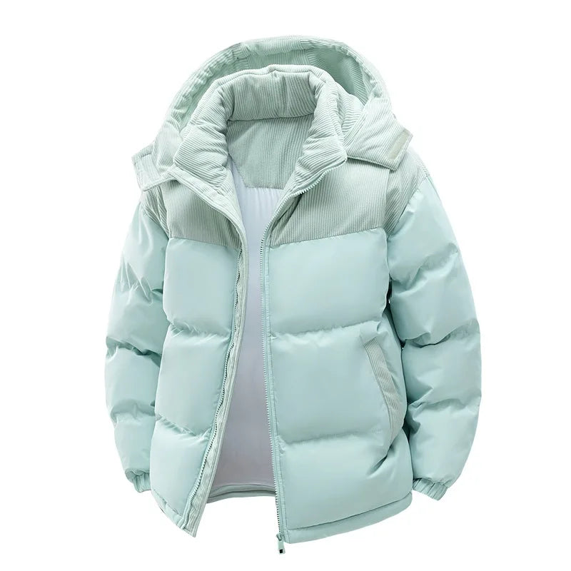 Winter Steppjacke mit Kapuze Zweifarbig Cord-Detail Gepolsterte Outdoor-Jacke