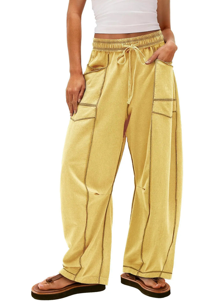 Damen Freizeithose Weites Bein Elastischer Bund Kordelzug Cargo-Taschen