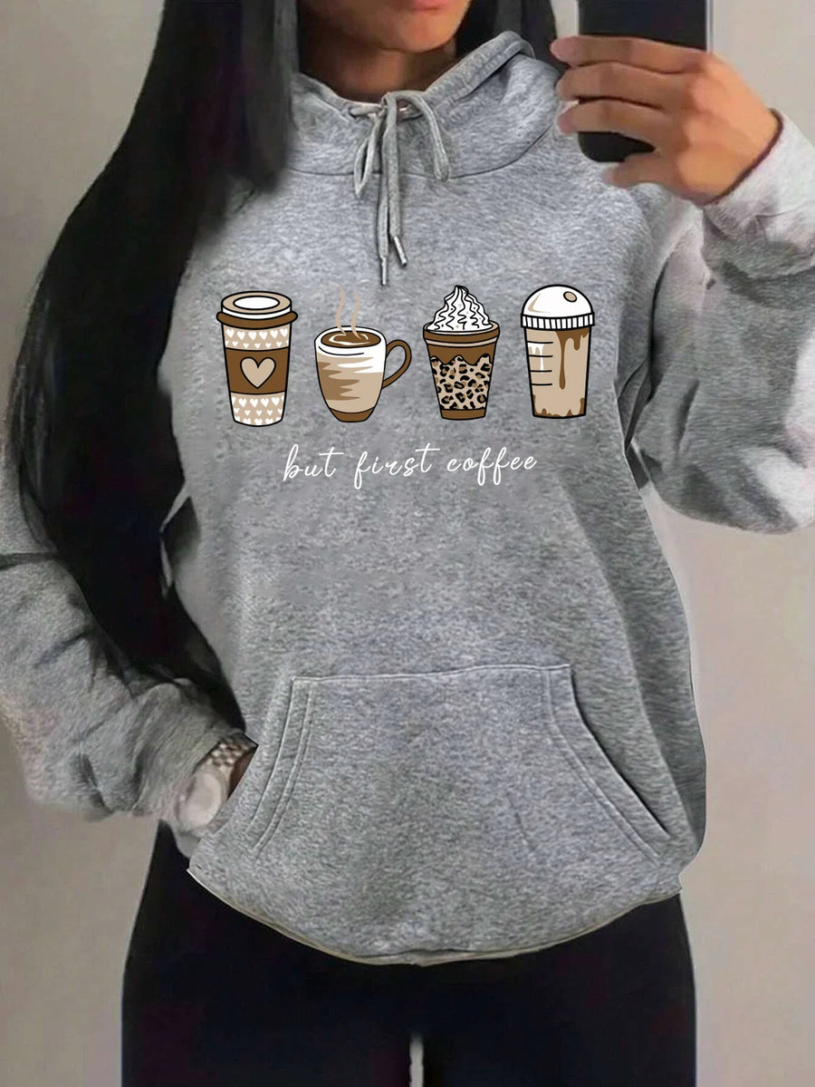 Dameshoodie met "But First Coffee"-opdruk en kangoeroezak