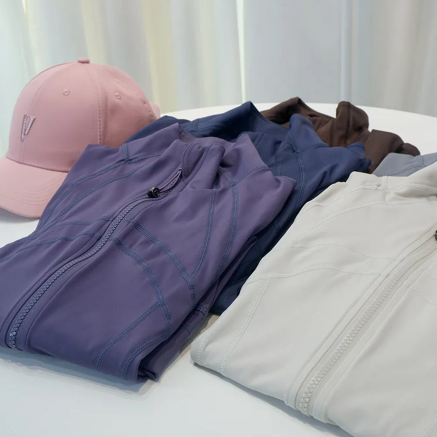 Damen Sportjacke Eng Anliegend Stehkragen Reißverschluss Daumenlöcher